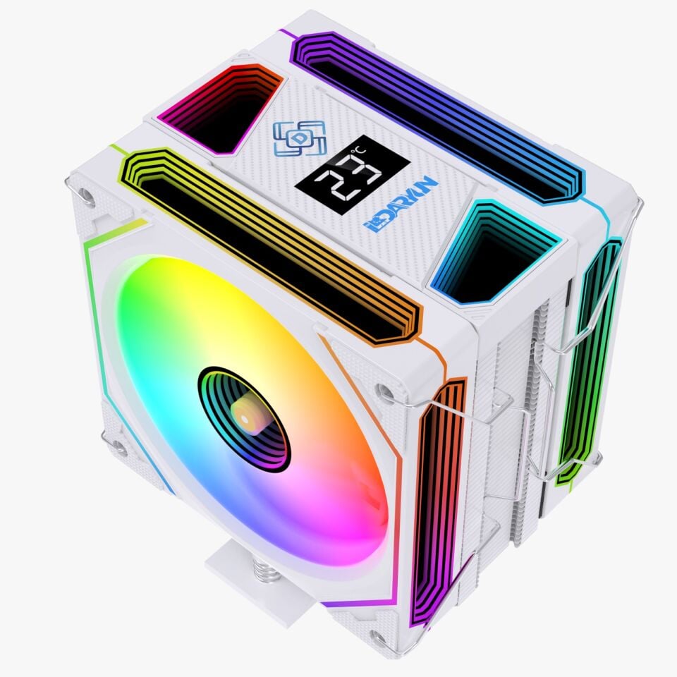 DARYUN DY-500X Beyaz ISI Göstergeli Ful Argb 2x Fan 6 Bakır Borulu Kule Tipi Hava Soğutucu İşlemci Fanı